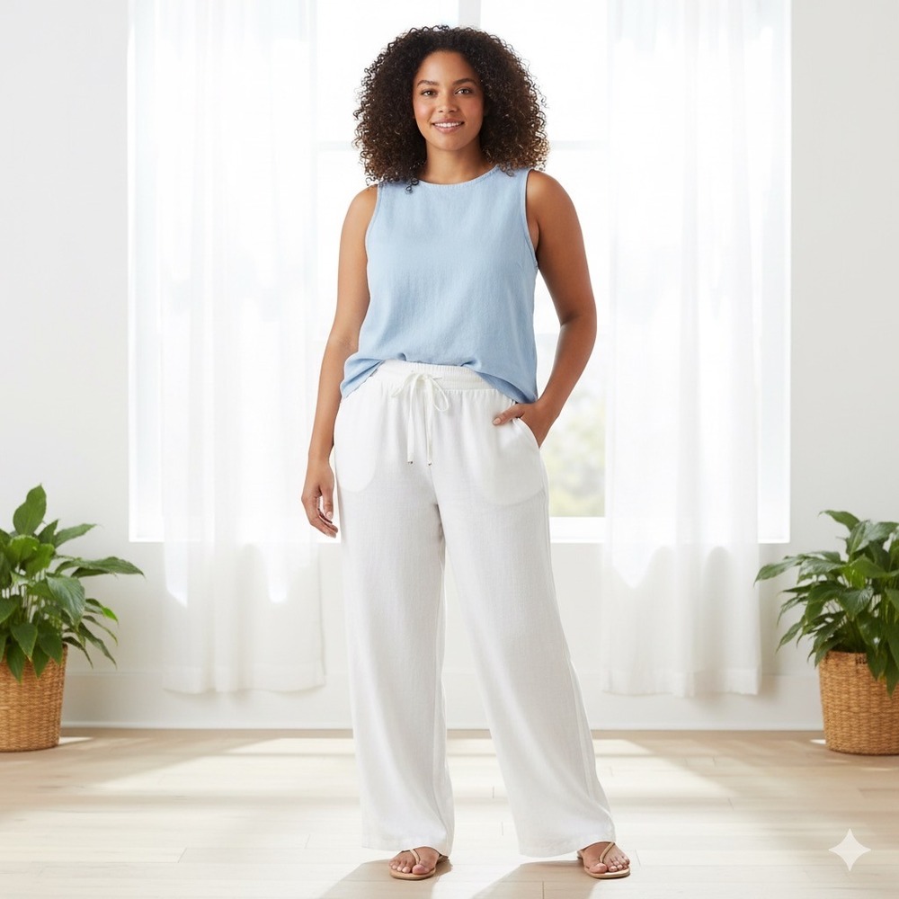 NEW Lane Bryant Wide Leg Pants‎ Women Plus 26 28 White Linen Blend Drawstring